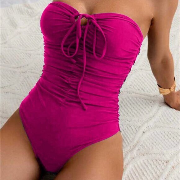 Hot Pink Elegant Women's Ruched Front Tie Sexy One-Piece Swimsuit - Picture 1 of 3